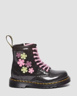 Dr. Martens Boots 1460 à Paillettes, Appliqué Fleur Et Lacets Pour Tout-petit Black+Multi — Coated Glitter Pu+Athena New