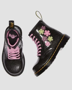Dr. Martens Boots 1460 à Paillettes, Appliqué Fleur Et Lacets Pour Tout-petit Black+Multi — Coated Glitter Pu+Athena New