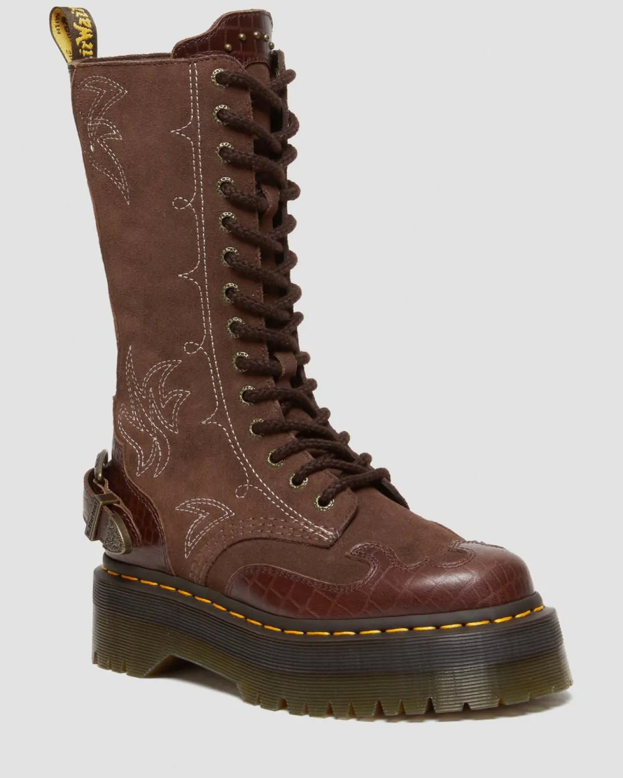 Dr. Martens Boots Plateformes 1B99 Gothic Americana En Cuir Dark Brown — Classic Pull Up Reptile Emboss+ E.H.Suede Cheap