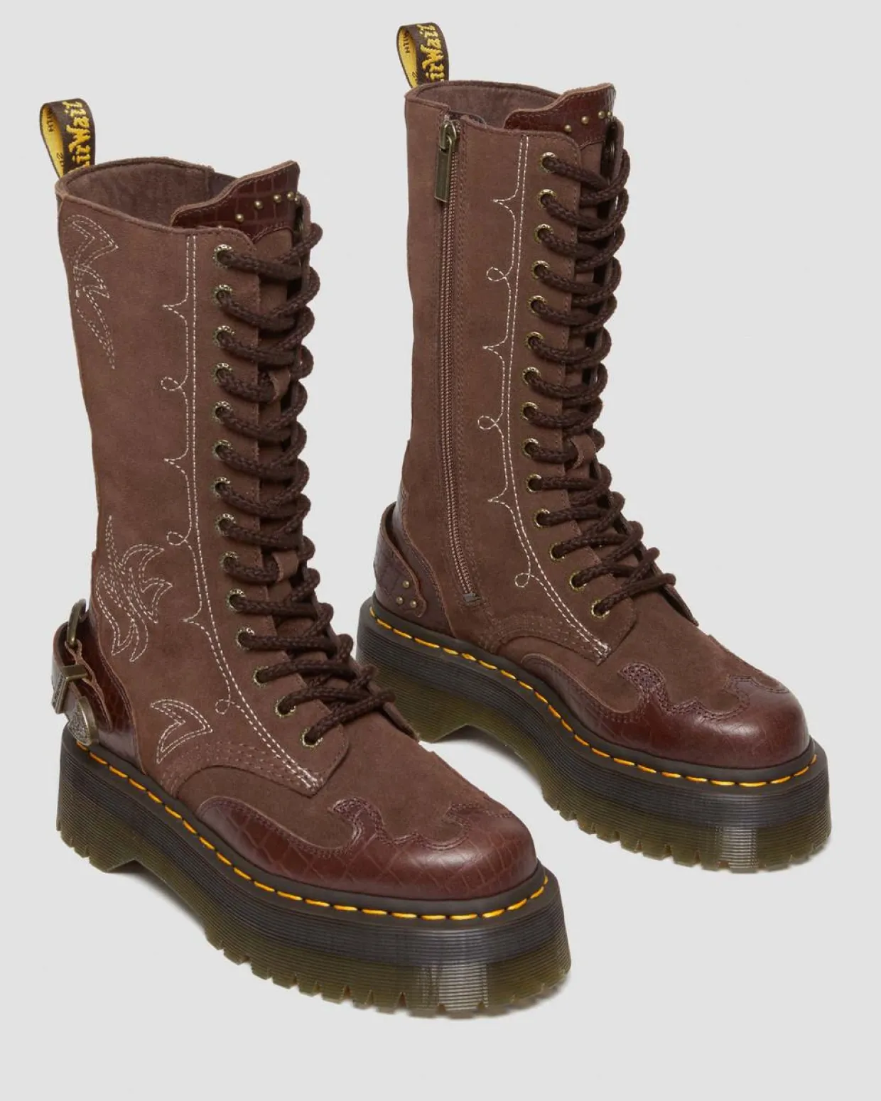 Dr. Martens Boots Plateformes 1B99 Gothic Americana En Cuir Dark Brown — Classic Pull Up Reptile Emboss+ E.H.Suede Cheap
