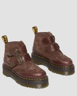 Dr. Martens Boots Plateformes Devon Gothic Americana En Cuir Dark Brown — Classic Pull Up Reptile Emboss+ E.H.Suede  Fashion
