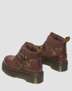 Dr. Martens Boots Plateformes Devon Gothic Americana En Cuir Dark Brown — Classic Pull Up Reptile Emboss+ E.H.Suede  Fashion