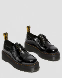 Dr. Martens Chaussures Plateformes 1461 Quad En Cuir Verni Noir — Distressed Patent Discount