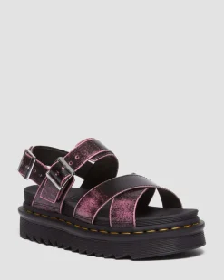Dr. Martens Sandales Plateformes Voss II En Cuir Effet Vieilli Black+Fondant Pink — Two Tone Rub Off Hot